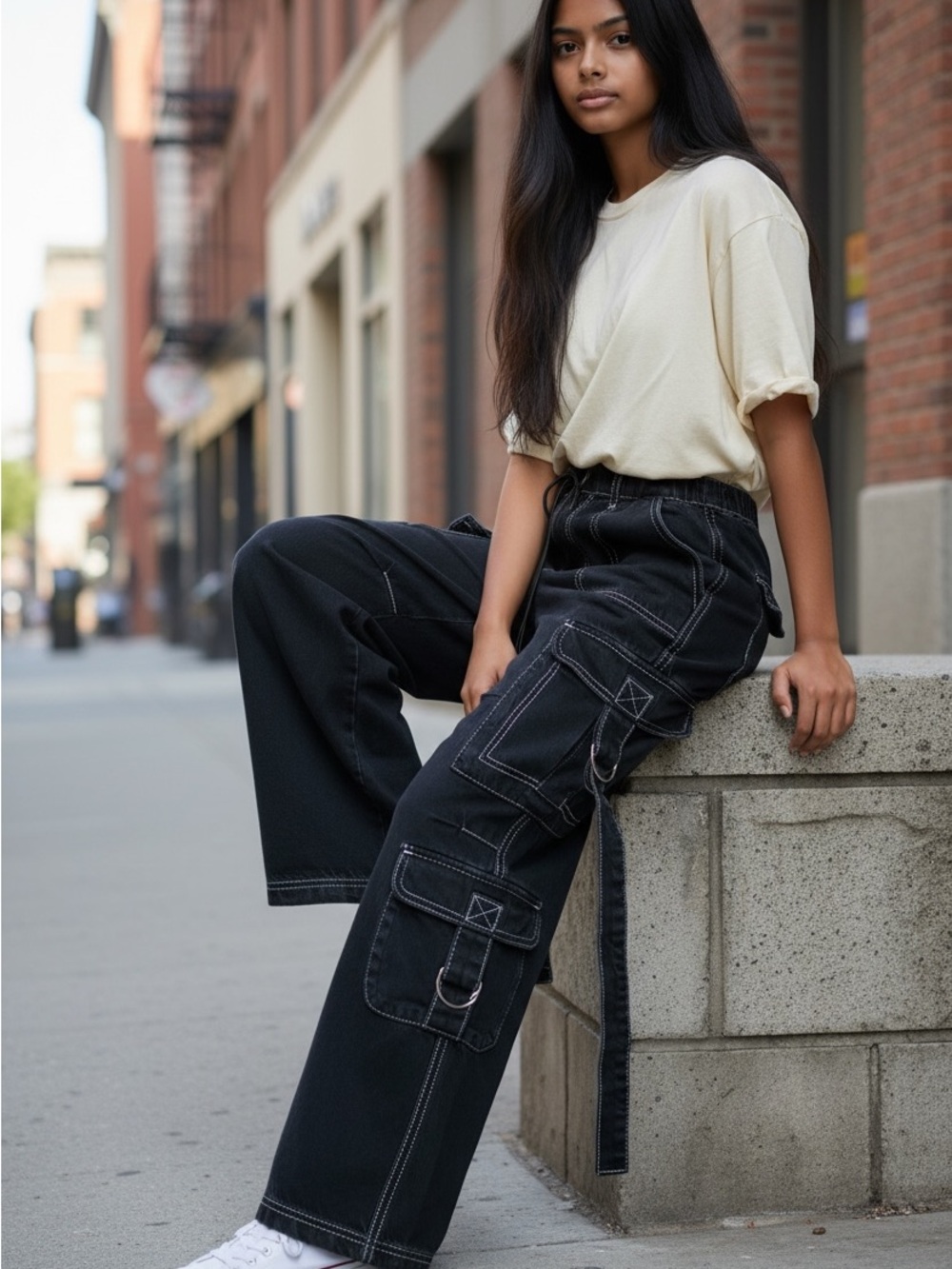 BDG Black Wide-Leg Cargo Pants with Strap & D-Ring Details